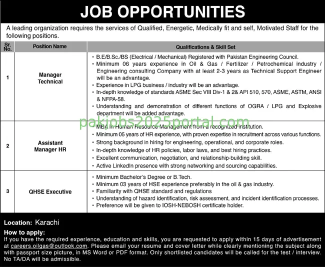 Technical HR Manager Oil And gass Jobs in Karachi 2025